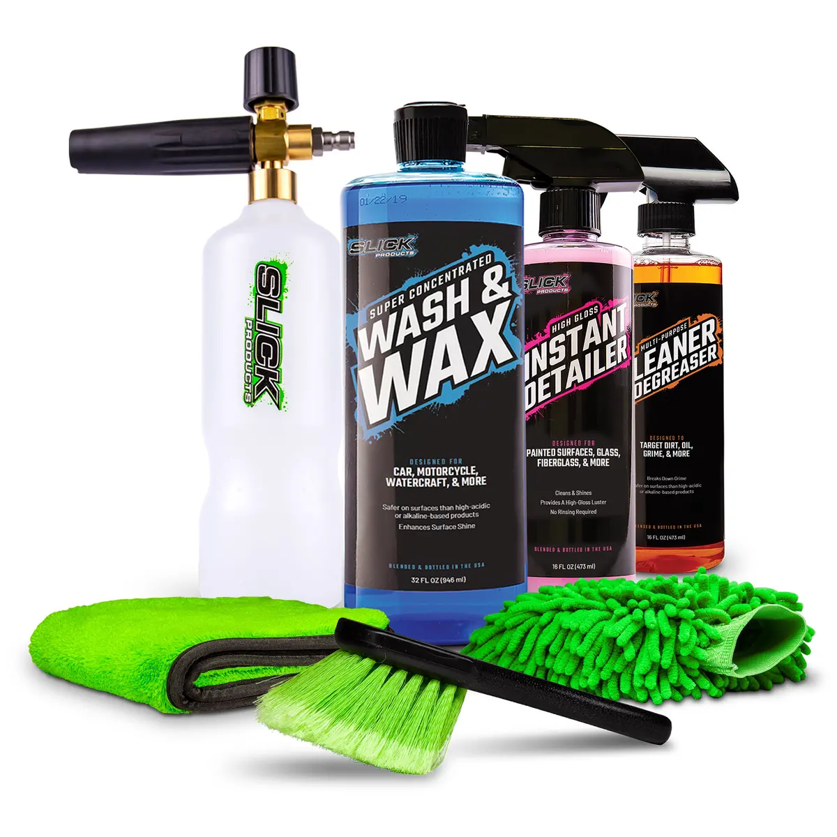 Slick Products Premium Car Wash Bundle W/ Pressure Washer Foam Cannon | Wash & Wax + Detailer + Degreaser 1