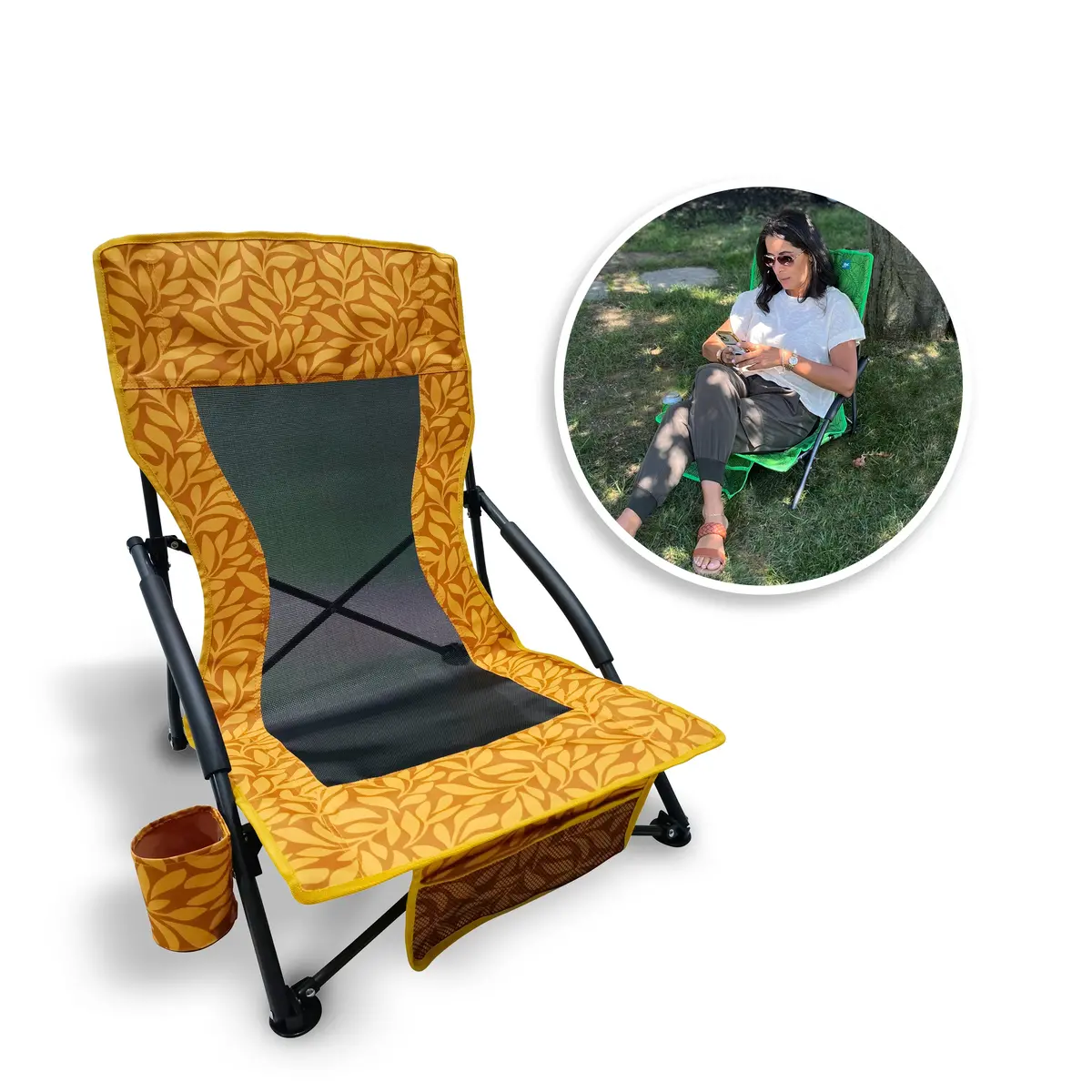 Bliss Hammocks Bbc-353-Al Collapsible Beach Chair W/ Cup Holder | Storage Bag Included | 275 Lb. Capacity (Amber Leaf) 1
