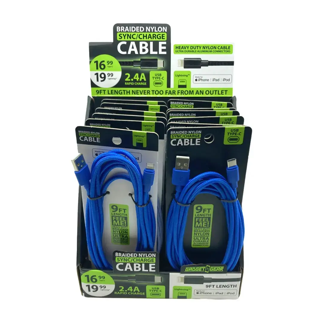 Charging Cable Braided Nylon Assortment 9Ft 2.4 Amp - 12 Pieces Per Retail Ready Display 88254 1