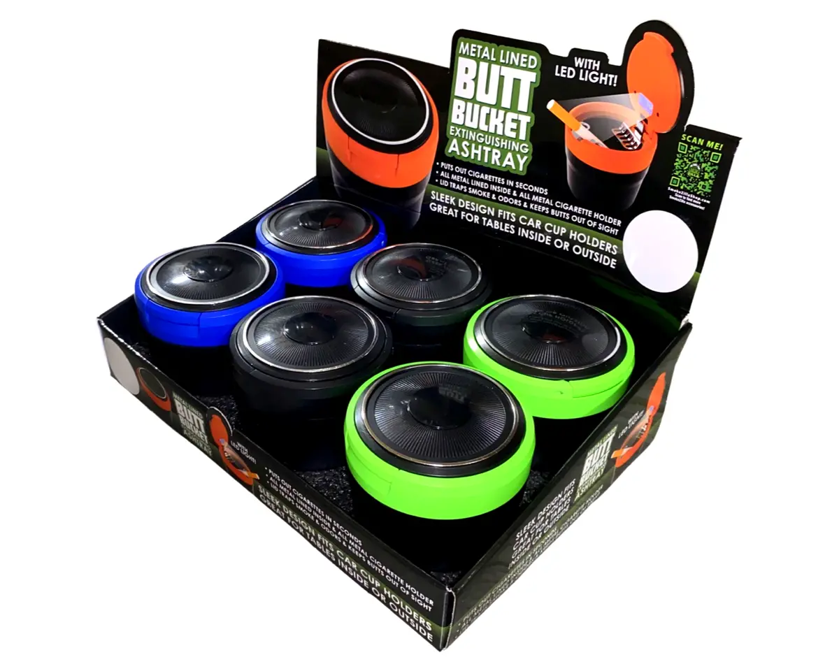 Metal Lined Butt Bucket Ashtray With Led Light - 6 Per Retail Ready Display 22594 1