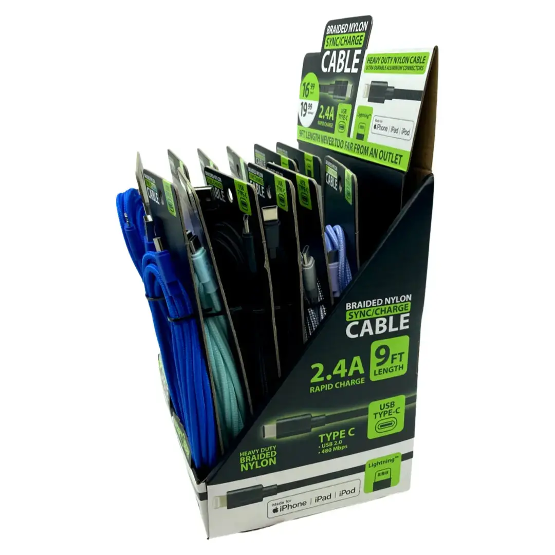 Charging Cable Braided Nylon Assortment 9Ft 2.4 Amp - 12 Pieces Per Retail Ready Display 88254 2