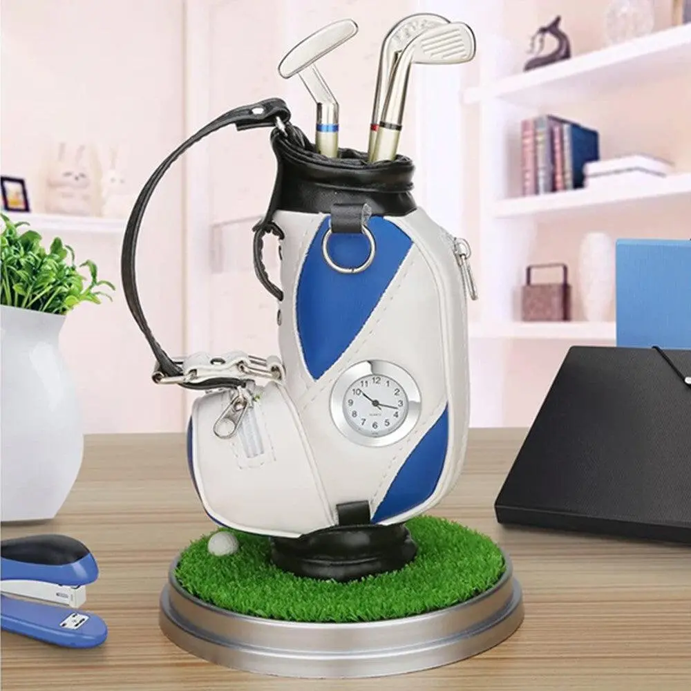 Mini Golf Bag Pen Holder With Golf Pen And Clock Golf Souvenir Blue Table Decoration - 10L0l 1