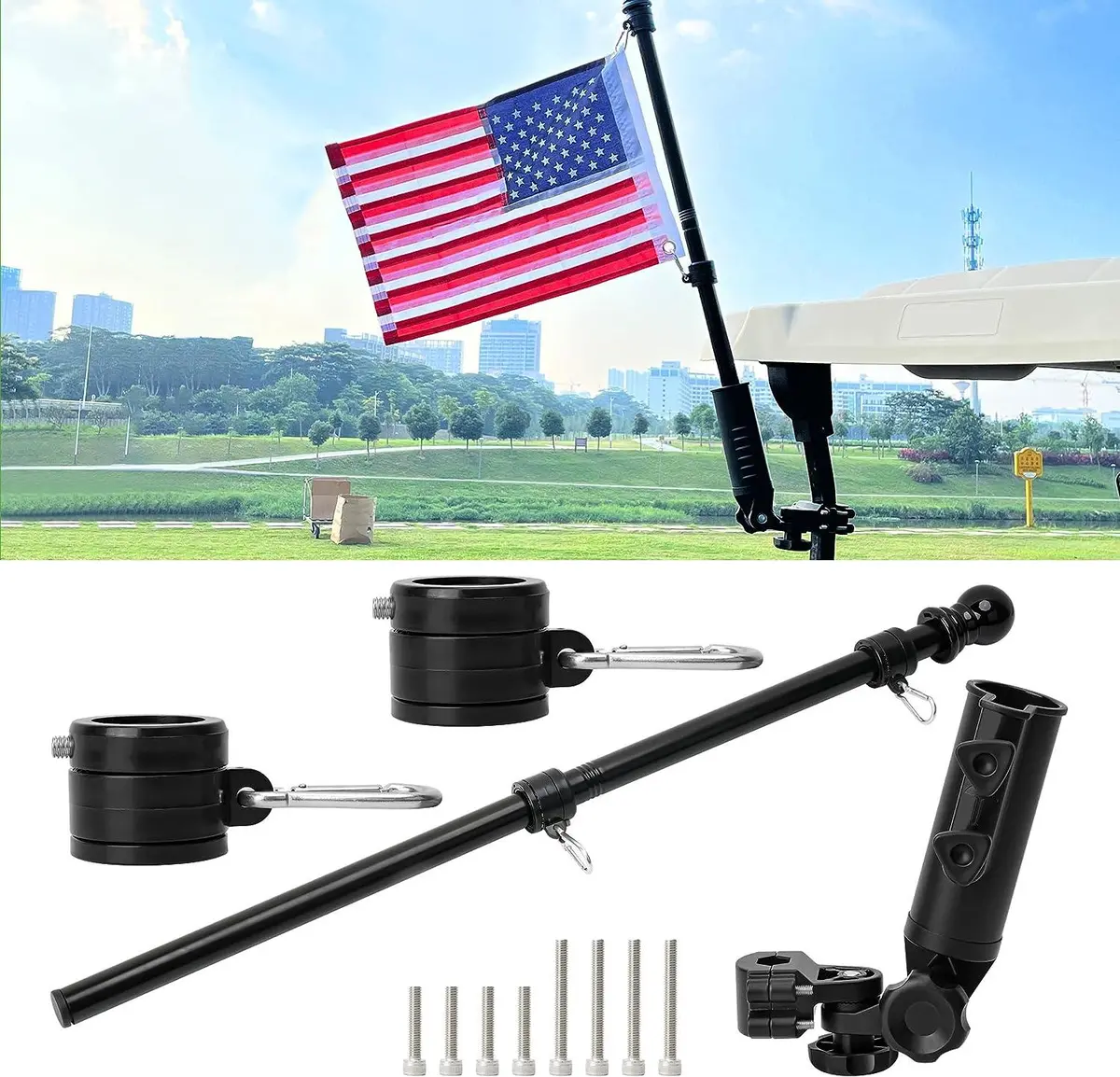 Universal Golf Cart Flag Stand Flagpole Kit With Embroidered American Flag - 10L0l 1
