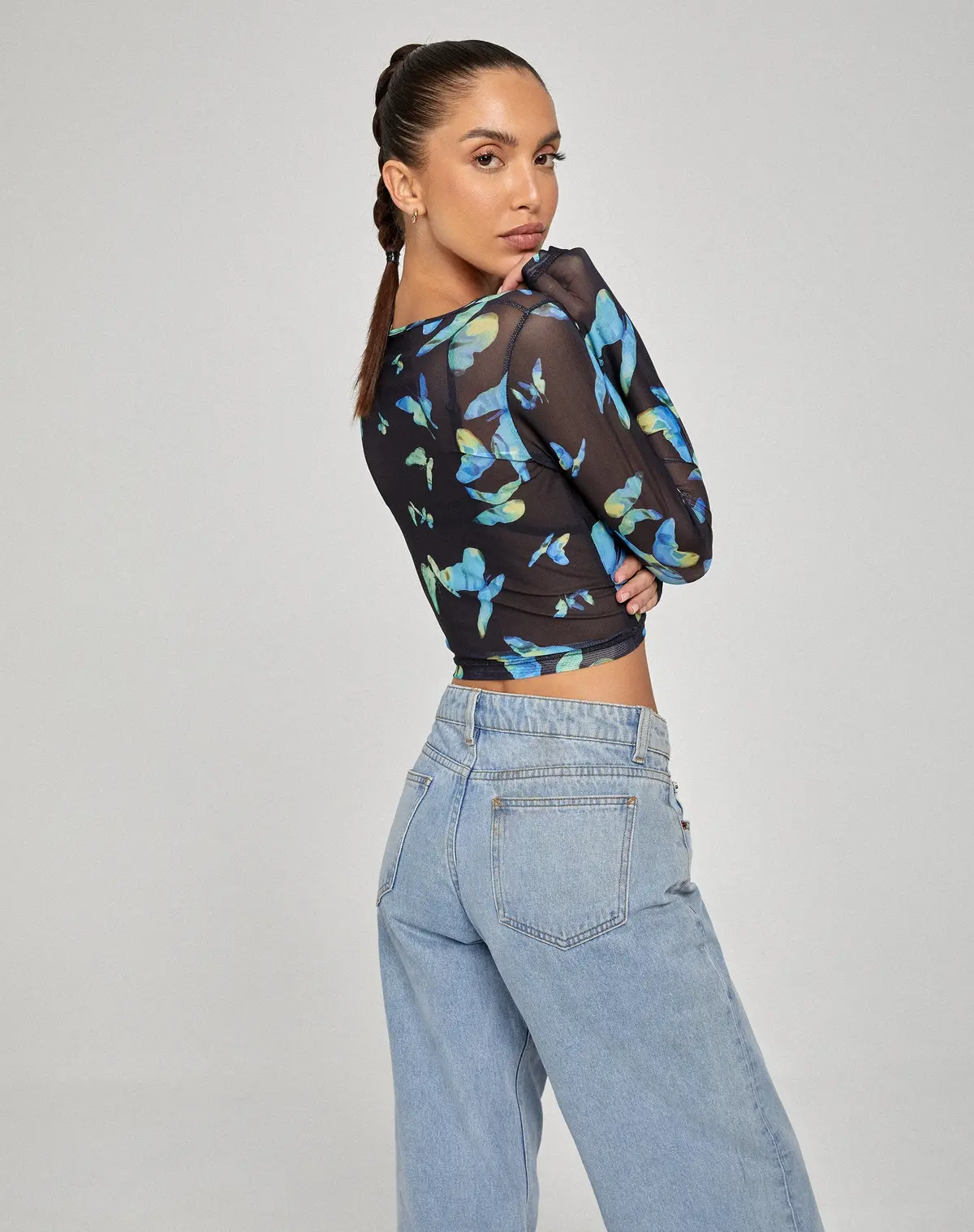 Elijah Long Sleeve Top In Butterfly Watercolour Black 4