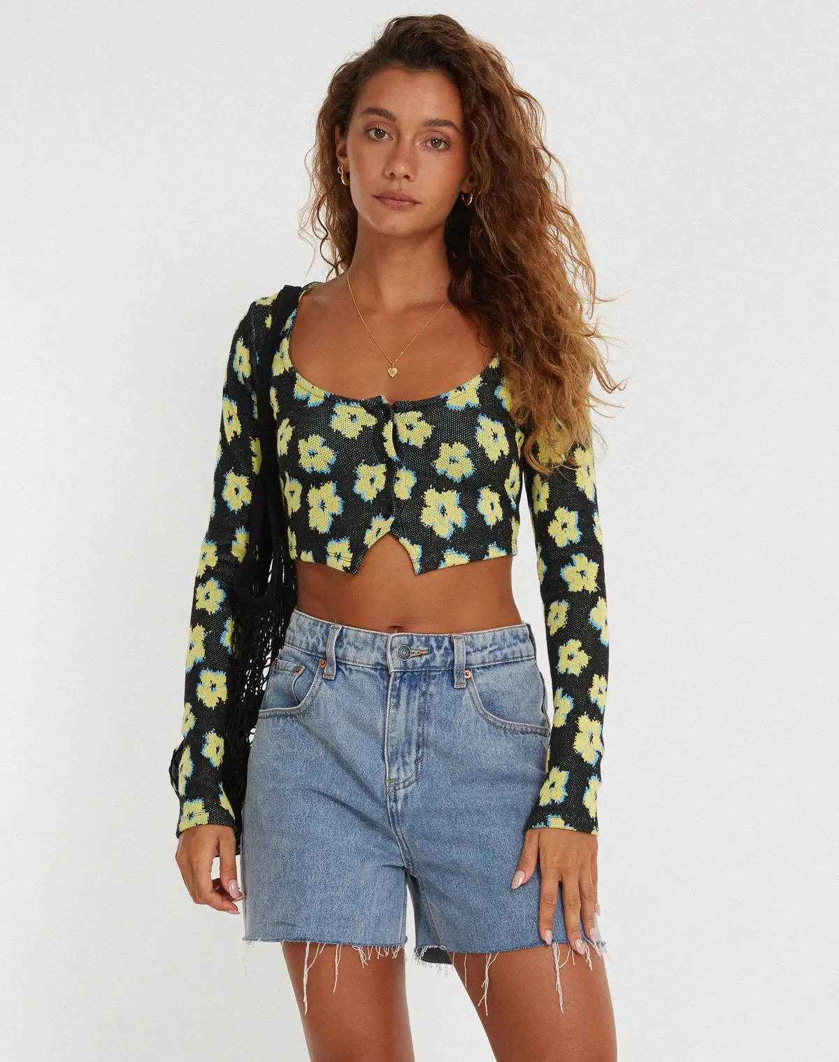 Faline Crop Top In Cute Floral Black And Yellow 1