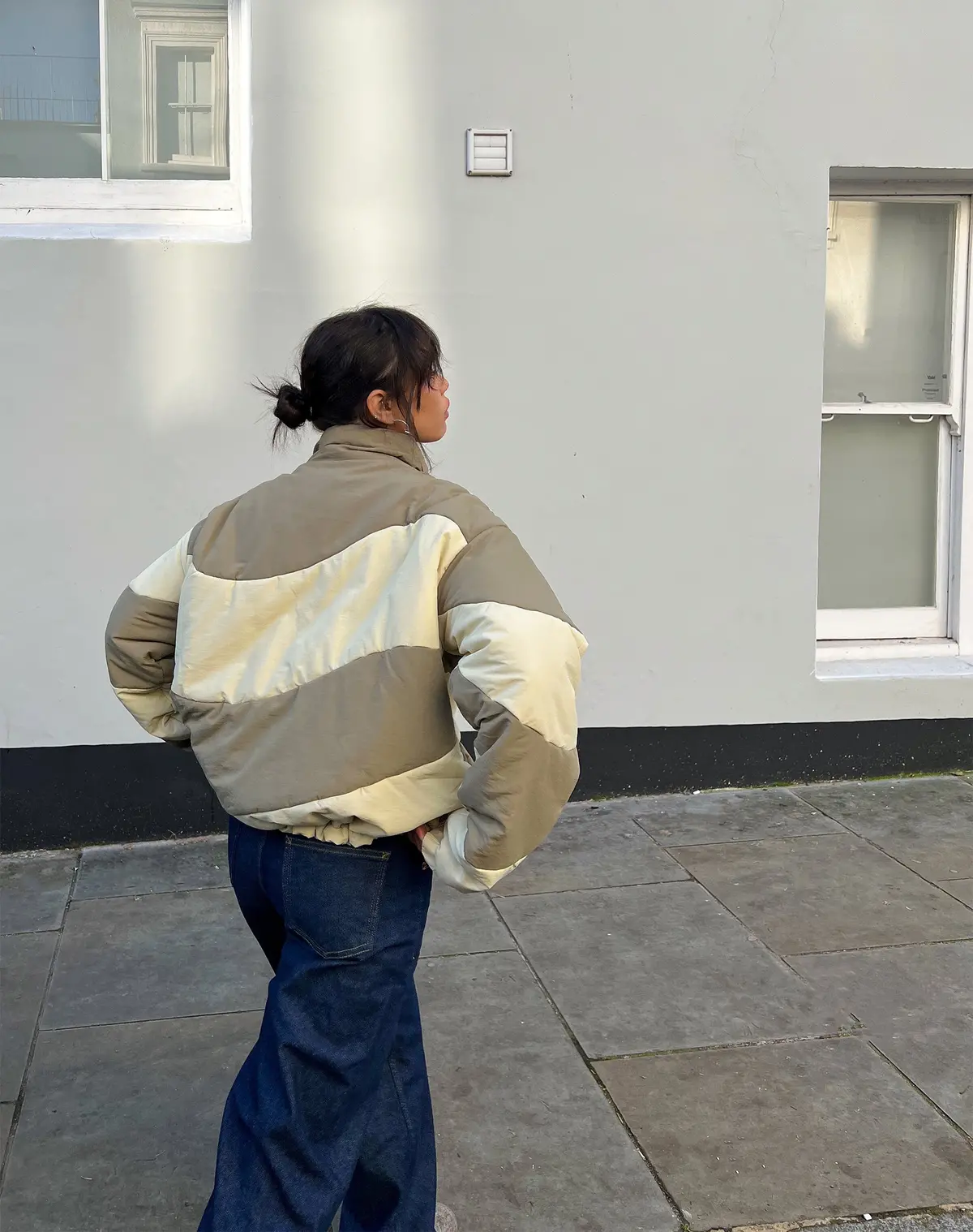 Renee Puffa Jacket In Panelled Cream And Taupe 1