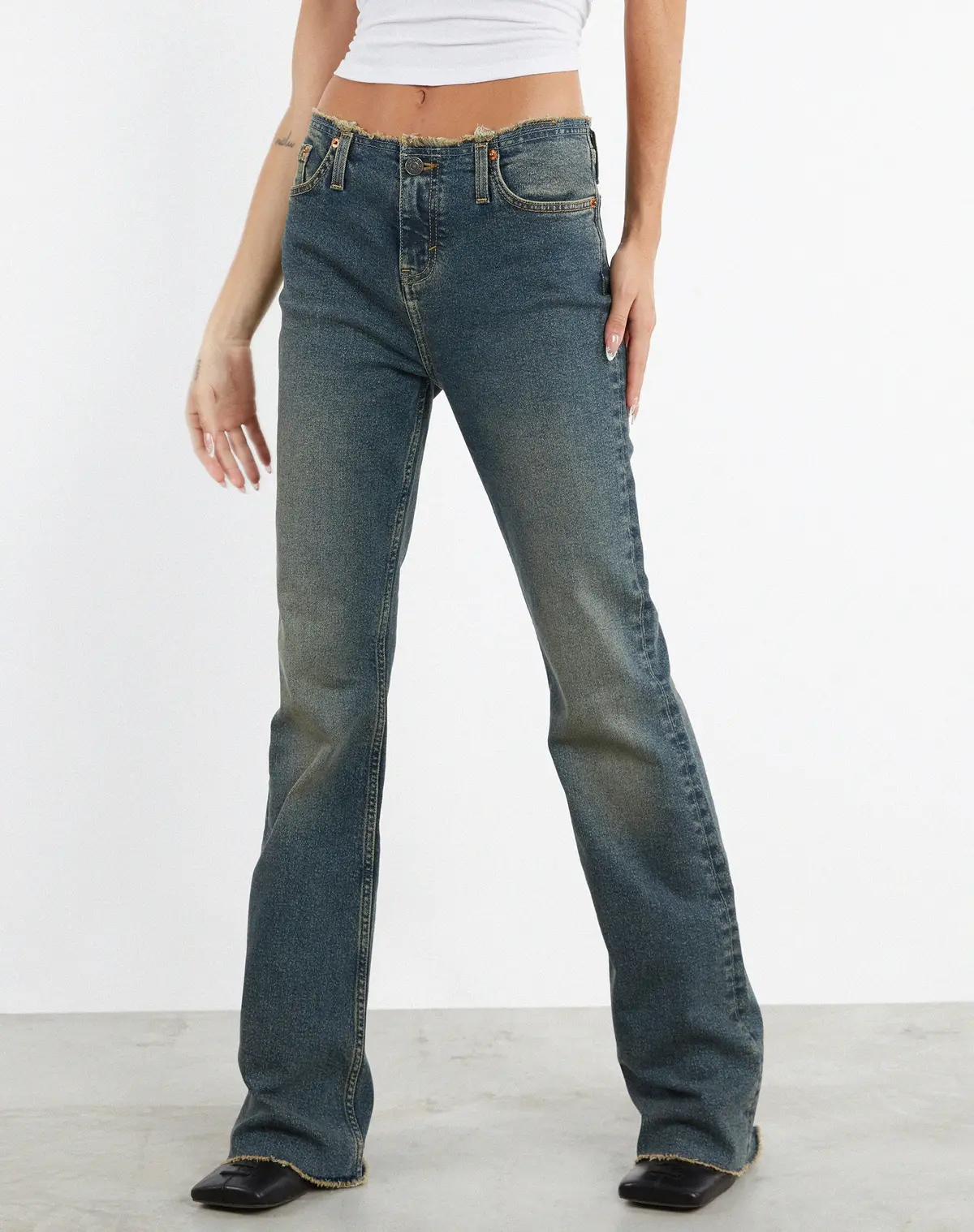 Frayed Low Rise Jeans In Brown And Blue Acid 1