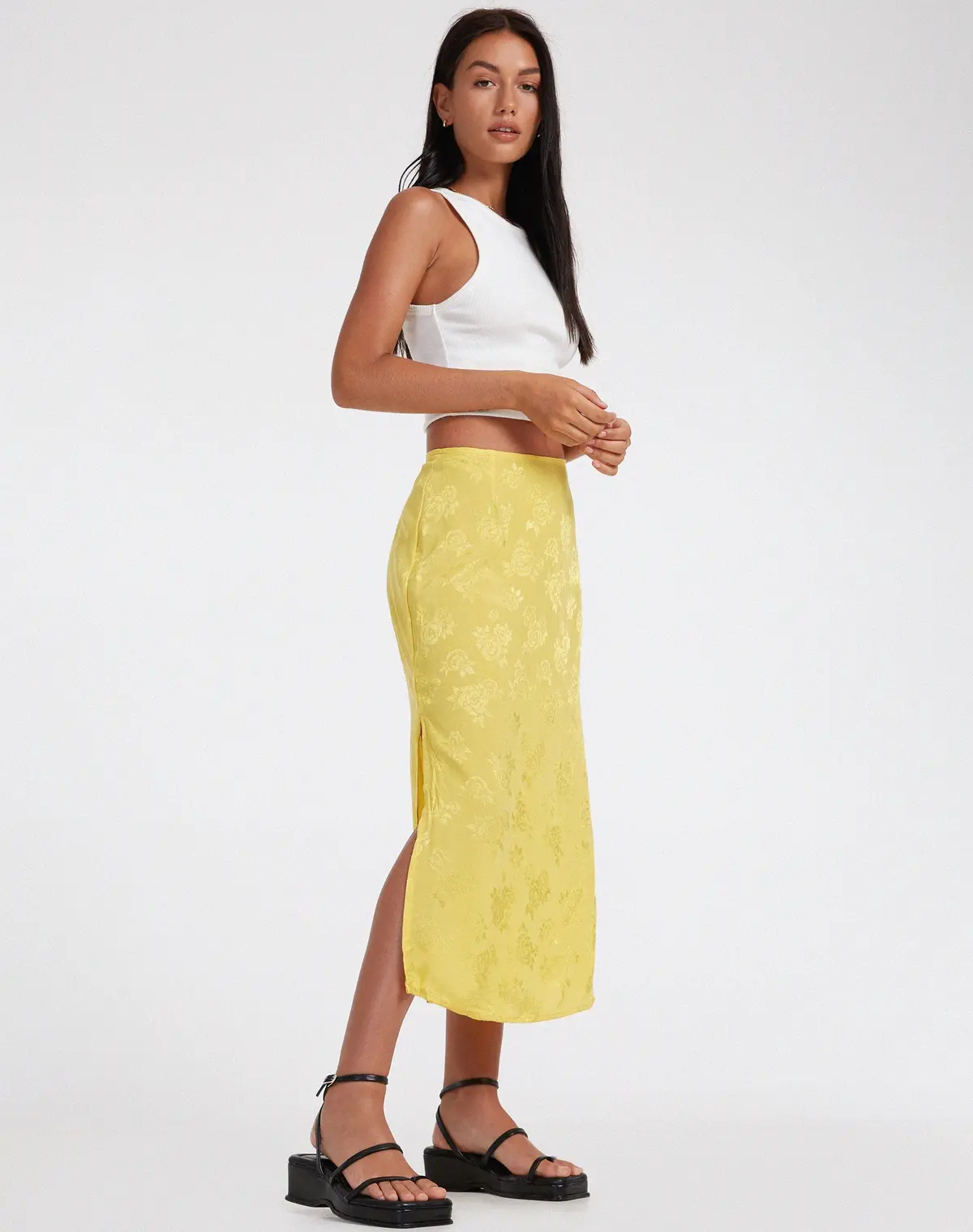 Kindra Midi Skirt In Satin Rose Sunshine Yellow 1